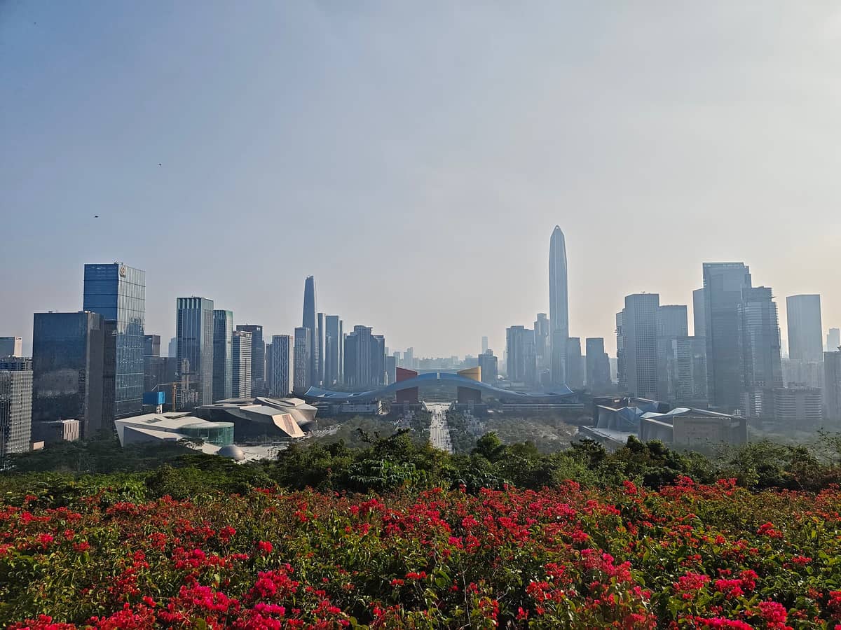 Vista do Parque Lianhuashan mostrando o horizonte da cidade com flores em primeiro plano e os icônicos arranha-céus do CBD de Shenzhen.