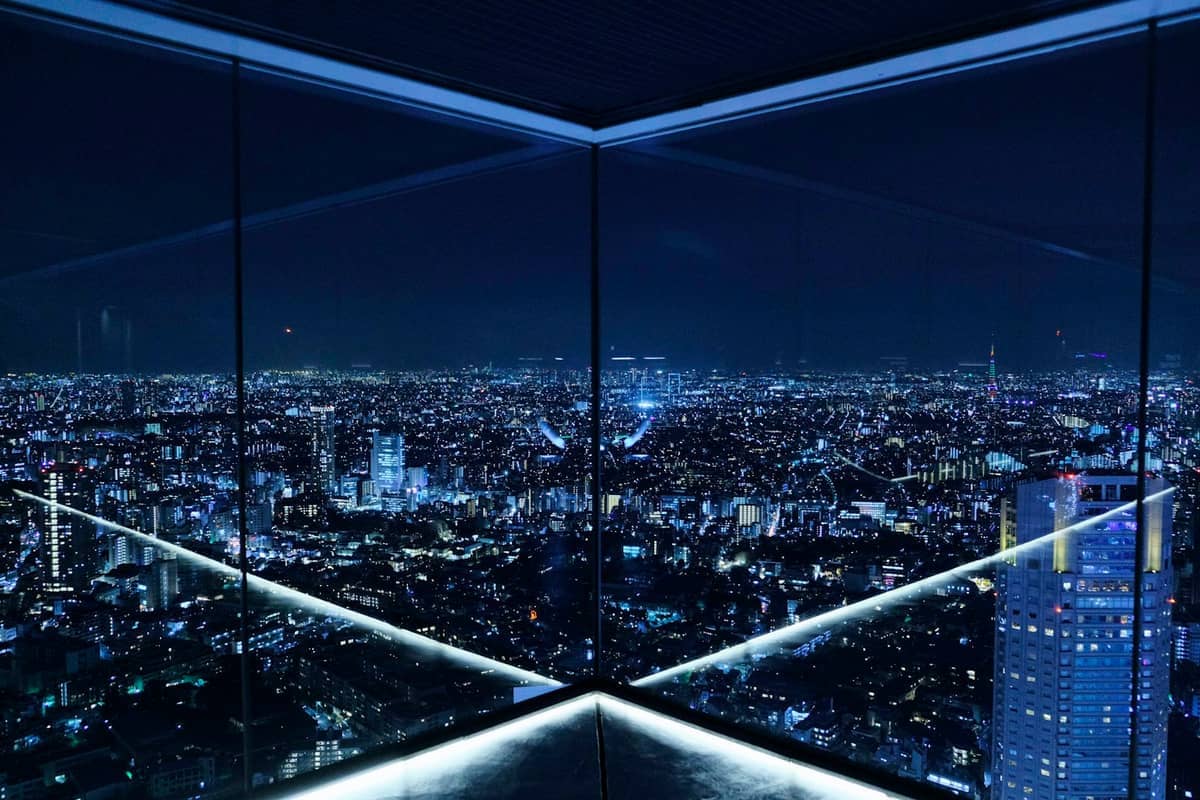 Shibuya Sky observation deck view of Tokyo at night, buildings and city lights stretching to the horizon through glass walls.