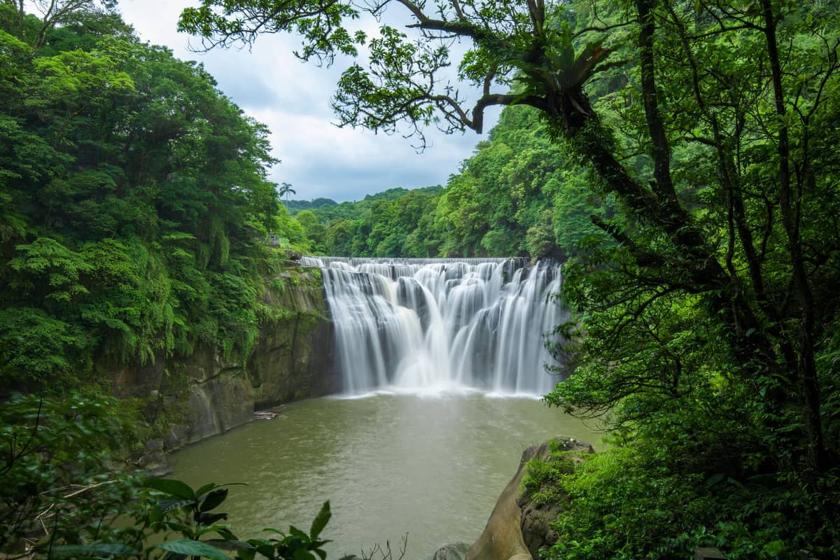 Panoramablick auf den Shifen Wasserfall in üppigem Grün, der die gesamte Breite von Taiwans größtem Vorhangwasserfall zeigt, der in ein Becken unten hinabstürzt.