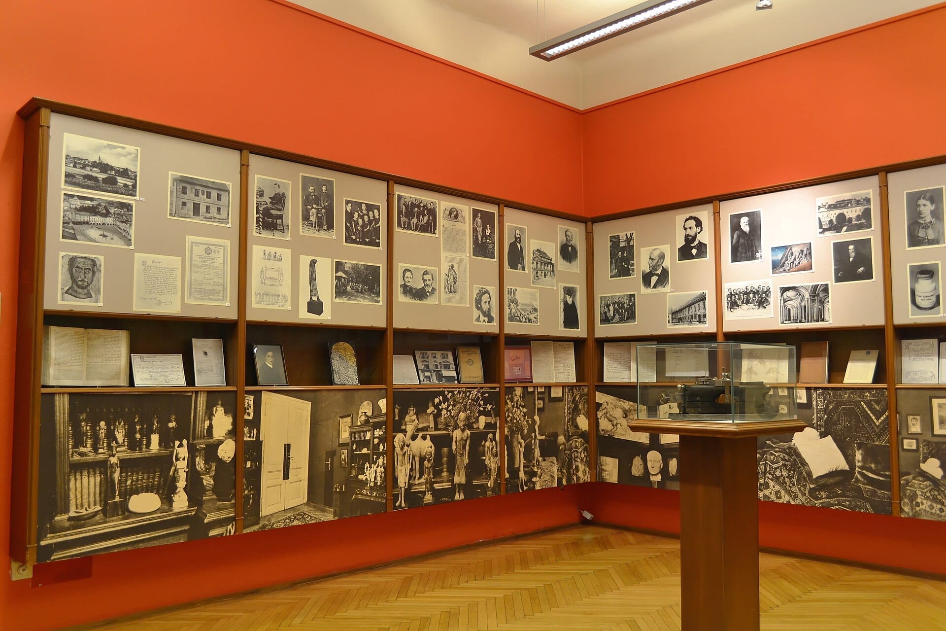 Ausstellungsraum im Sigmund Freud Museum zeigt historische Fotos, Dokumente und Artefakte auf Holzregalen vor rot-beigefarbenen Wänden unter heller Beleuchtung.