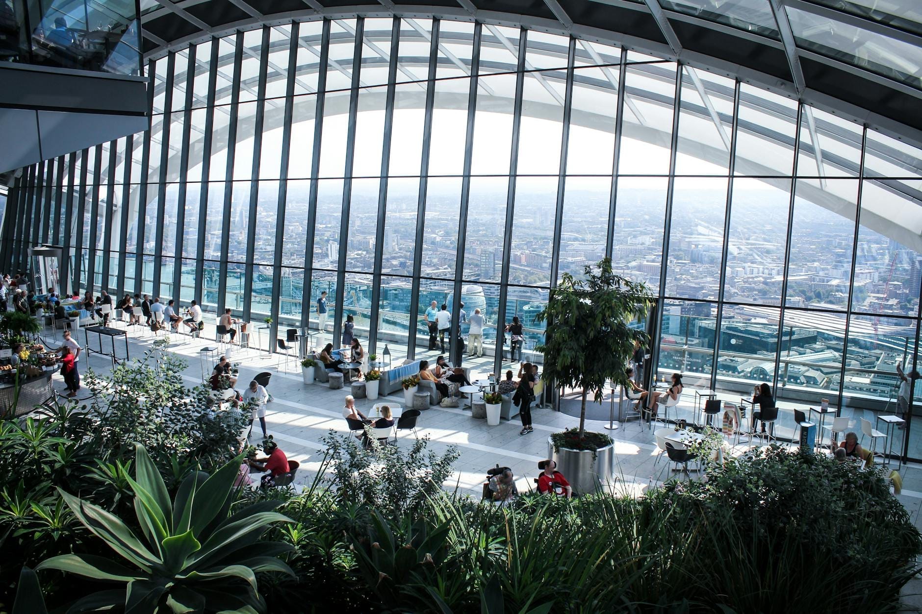 Vista interna panoramica dello Sky Garden, con rigogliosa vegetazione e zone relax, lo skyline di Londra che si distende oltre le vetrate curve, immersa nella luce del giorno e animata dai visitatori.