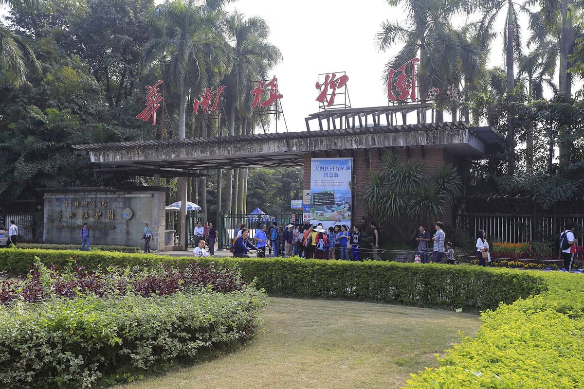 Entrance gate of South China National Botanical Garden in Guangzhou with people gathered at the entrance, palm trees and garden greenery in the foreground.