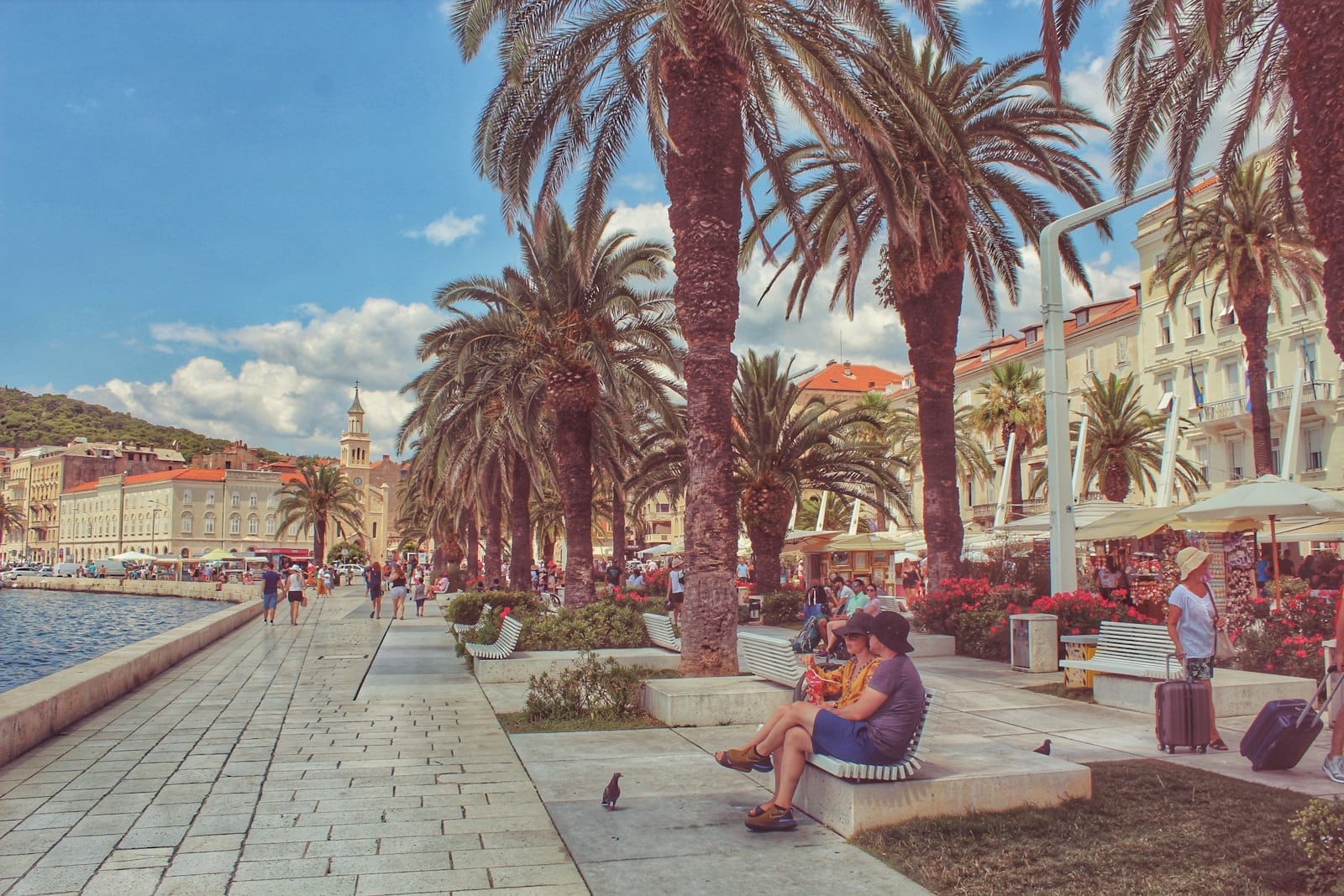 Calçadão com palmeiras com pessoas relaxando e caminhando ao longo do calçadão Riva de Split, edifícios históricos e céu azul ao fundo.