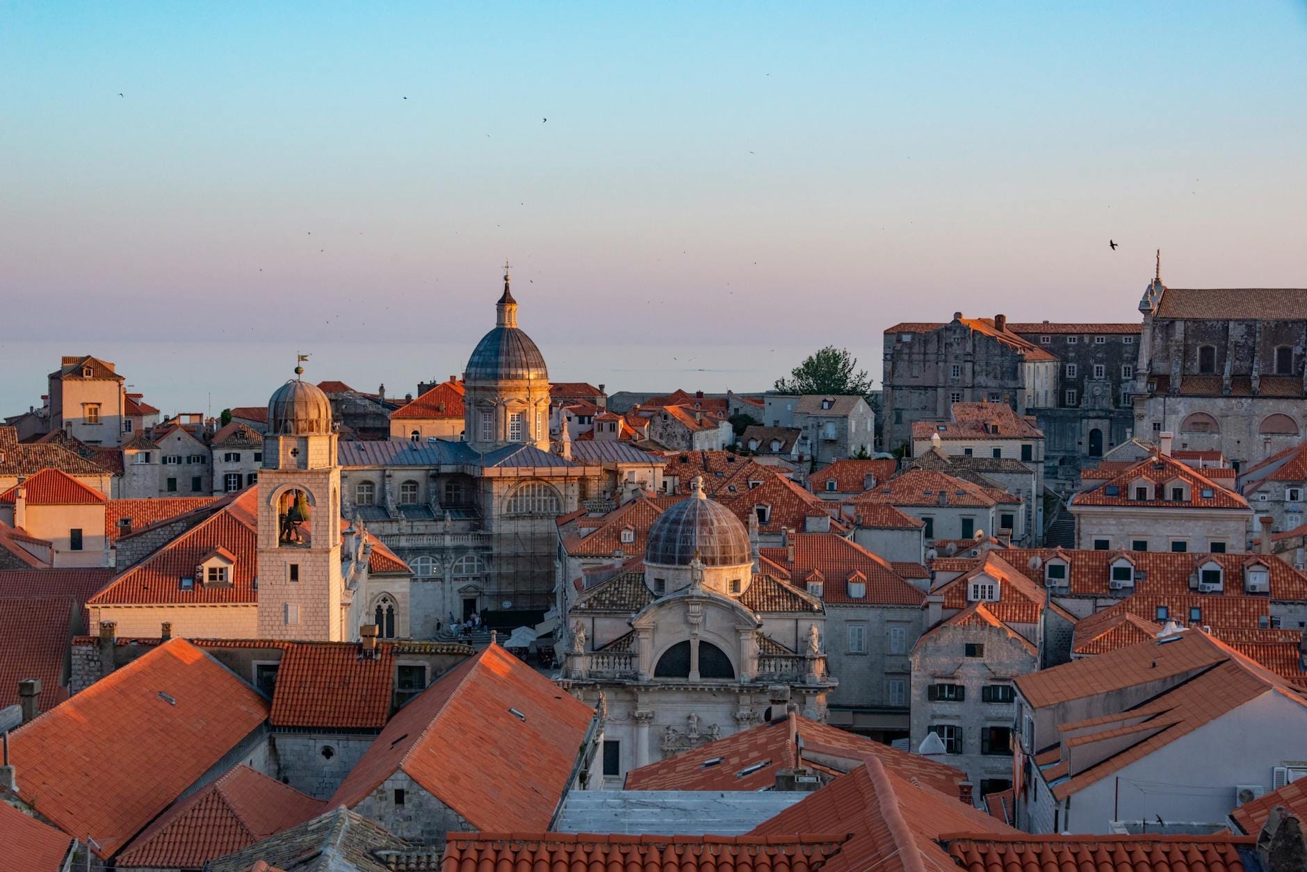 Vista panorámica de los tejados del casco antiguo de Dubrovnik al atardecer, con la fachada barroca y la cúpula de la Iglesia de San Blas en el centro de la imagen, bajo un cielo azul.