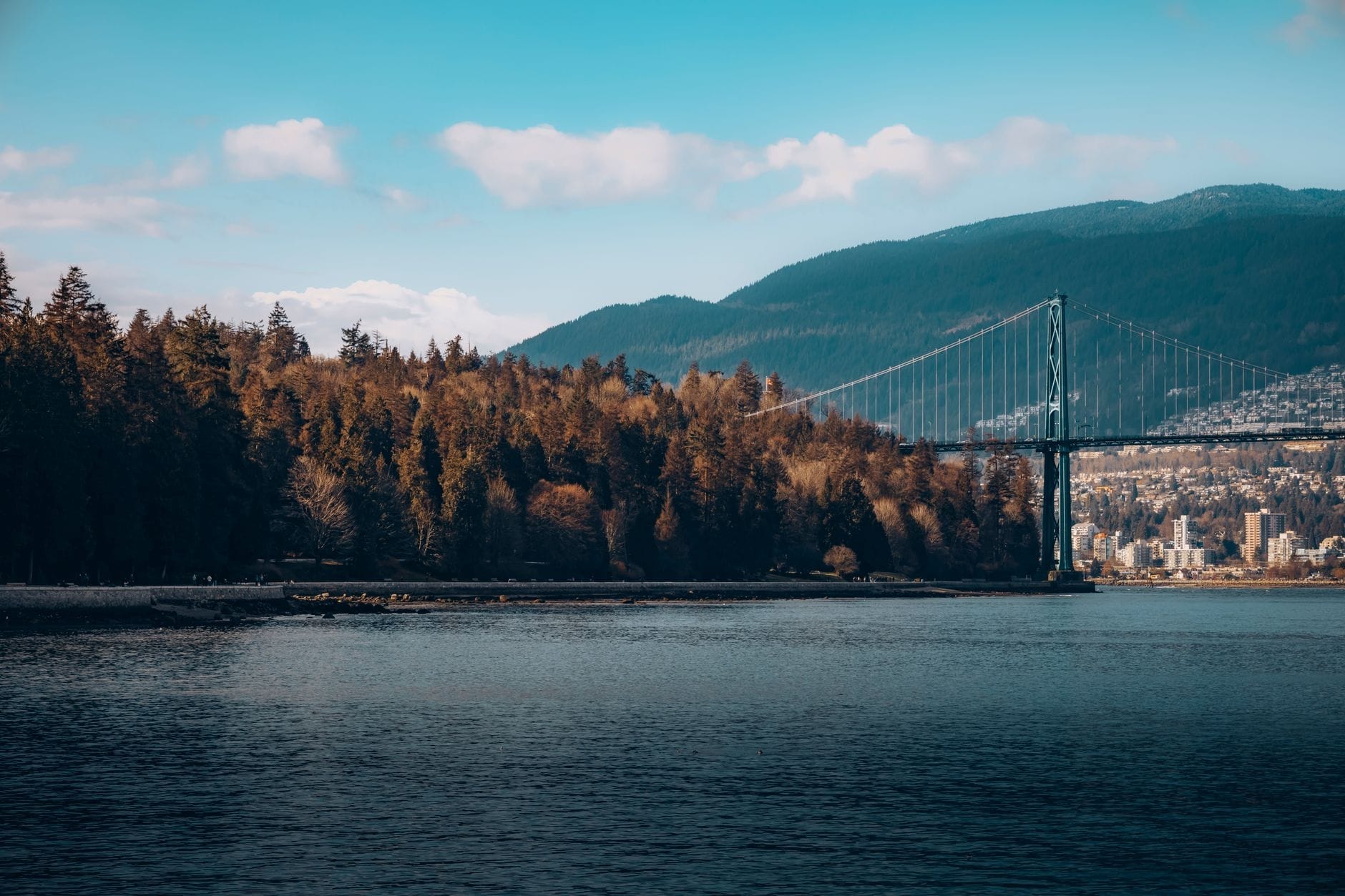 ชายฝั่งป่าสแตนลีย์พาร์คกับสะพาน Lions Gate อันโดดเด่นและเส้นขอบฟ้าแวนคูเวอร์ในวันที่อากาศแจ่มใส