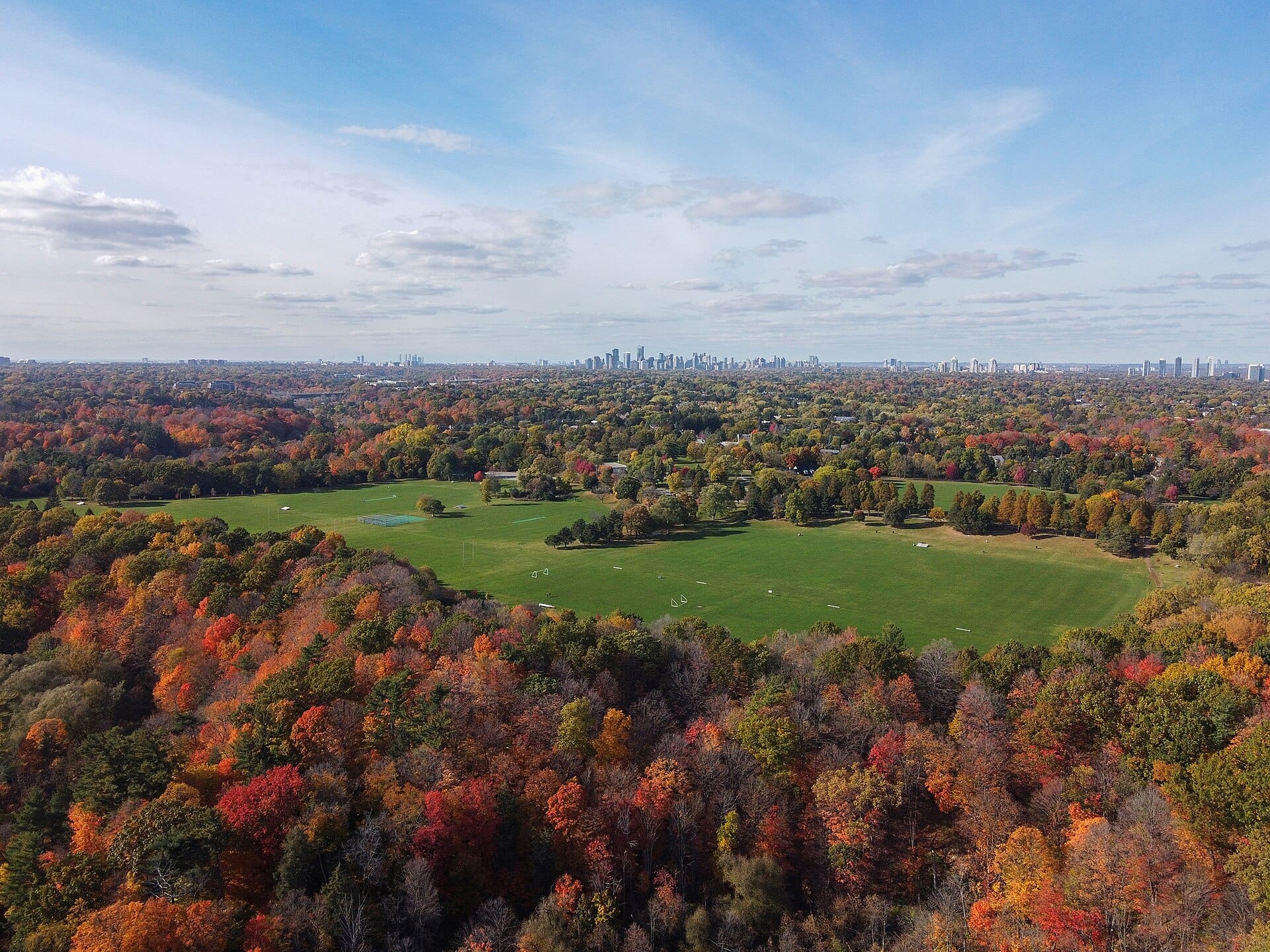 ภาพทางอากาศของ Sunnybrook Park ในเมือง Toronto แสดงให้เห็นทุ่งหญ้ากว้างใหญ่ ป่าใบไม้เปลี่ยนสีหนาแน่น และเส้นขอบฟ้าของเมืองภายใต้ท้องฟ้าสีฟ้า