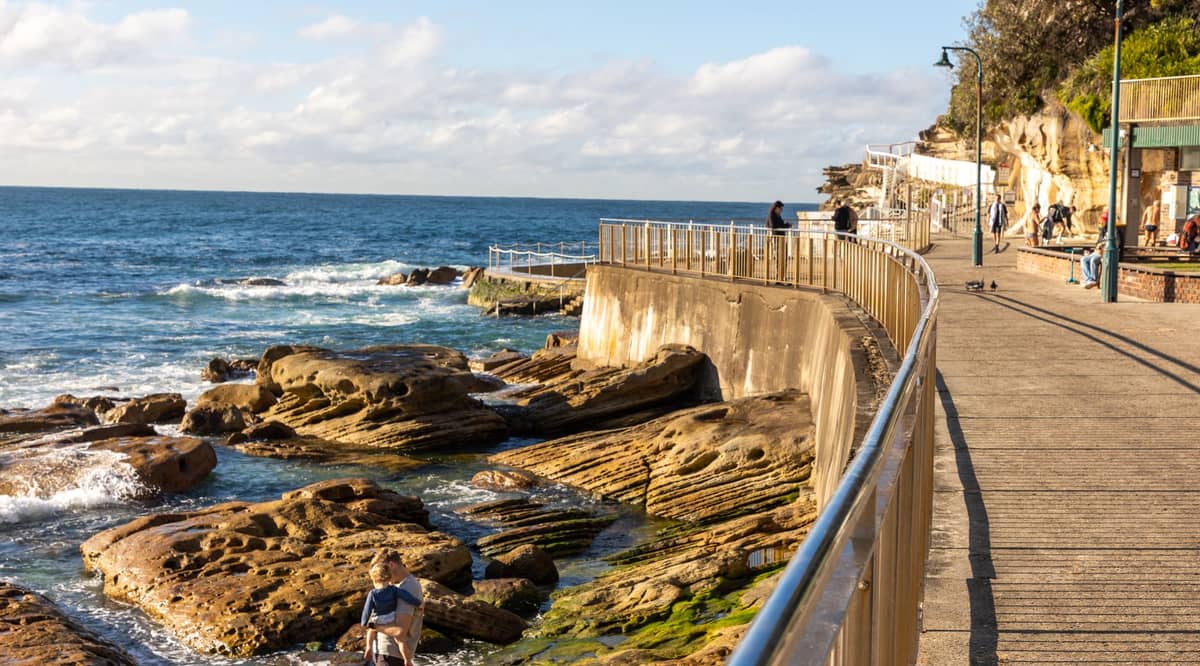 Ein malerischer Küstenweg in Sydney mit Menschen, die auf einem Pfad über felsigem Ufer, Meereswellen und goldenem Sonnenlicht spazieren.