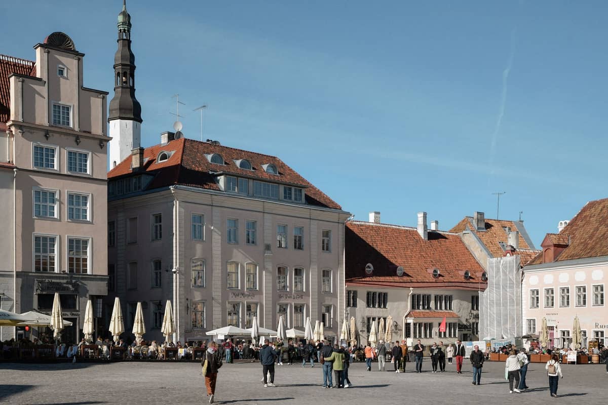 Der Tallinner Rathausplatz im Sommer mit Menschen, die an Straßencafés entspannen und über das Kopfsteinpflaster schlendern – blauer Himmel oben drüber.