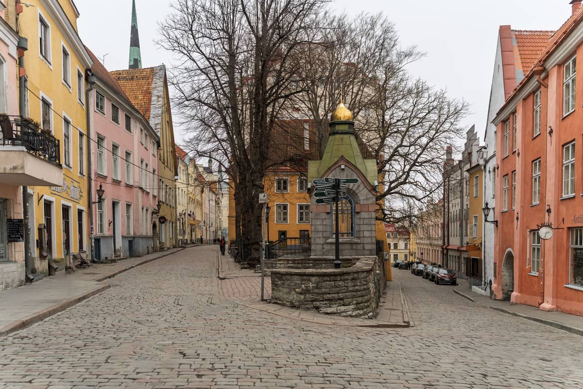 Kopfsteinpflasterstraße in der Tallinner Altstadt, gesäumt von bunten mittelalterlichen Gebäuden und einem zentralen Steinbrunnen.