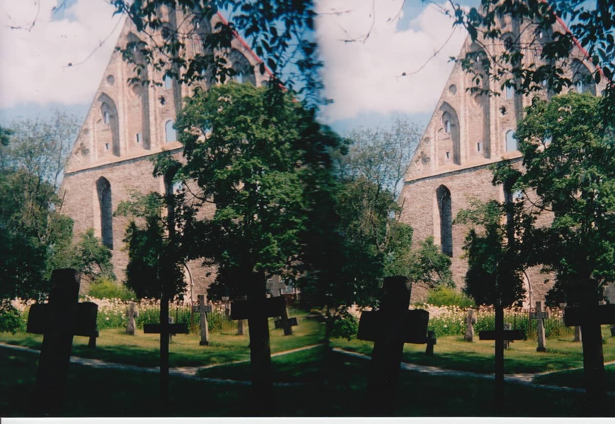 Rovine gotiche in pietra con alte finestre ad arco e lapidi in un contesto verde, alberi e cielo blu a Tallinn.