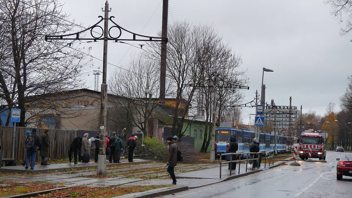 Ludzie czekający na przystanku tramwajowym w Tallinie w pochmurny dzień, z widocznymi niebieskimi tramwajami i budynkami mieszkalnymi w tle.