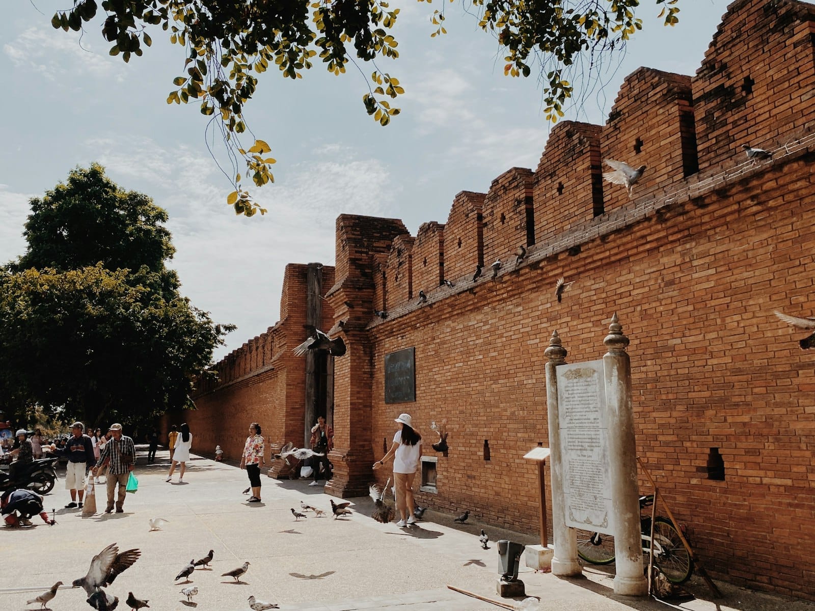 Visitantes caminan y alimentan palomas cerca de las icónicas paredes de ladrillo de la Puerta Tha Phae en Chiang Mai bajo un cielo parcialmente nublado.