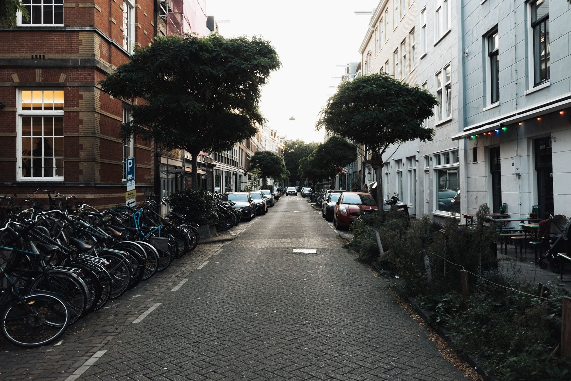 Calle tranquila de un barrio de Ámsterdam bordeada de bicicletas, árboles y edificios de apartamentos históricos al anochecer.
