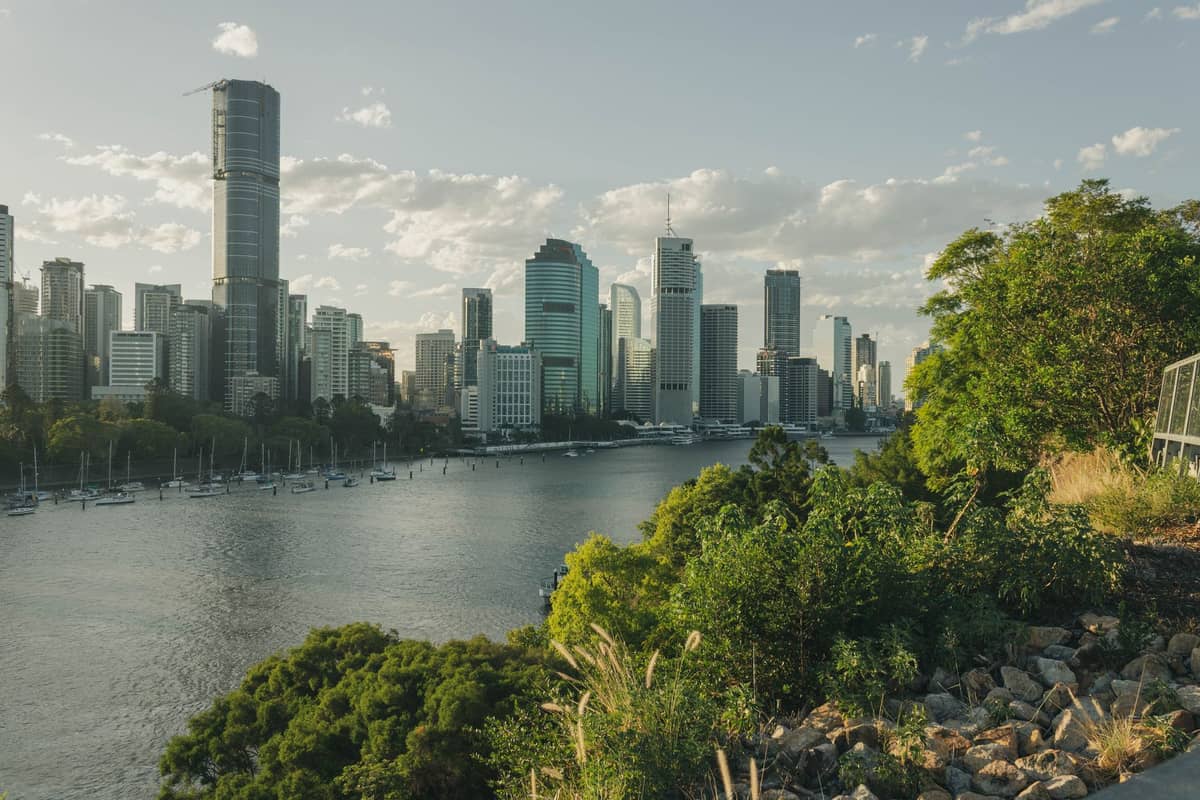 Vista del río Brisbane y el horizonte de la ciudad con altos edificios y exuberante vegetación ribereña en primer plano, bajo un cielo despejado.