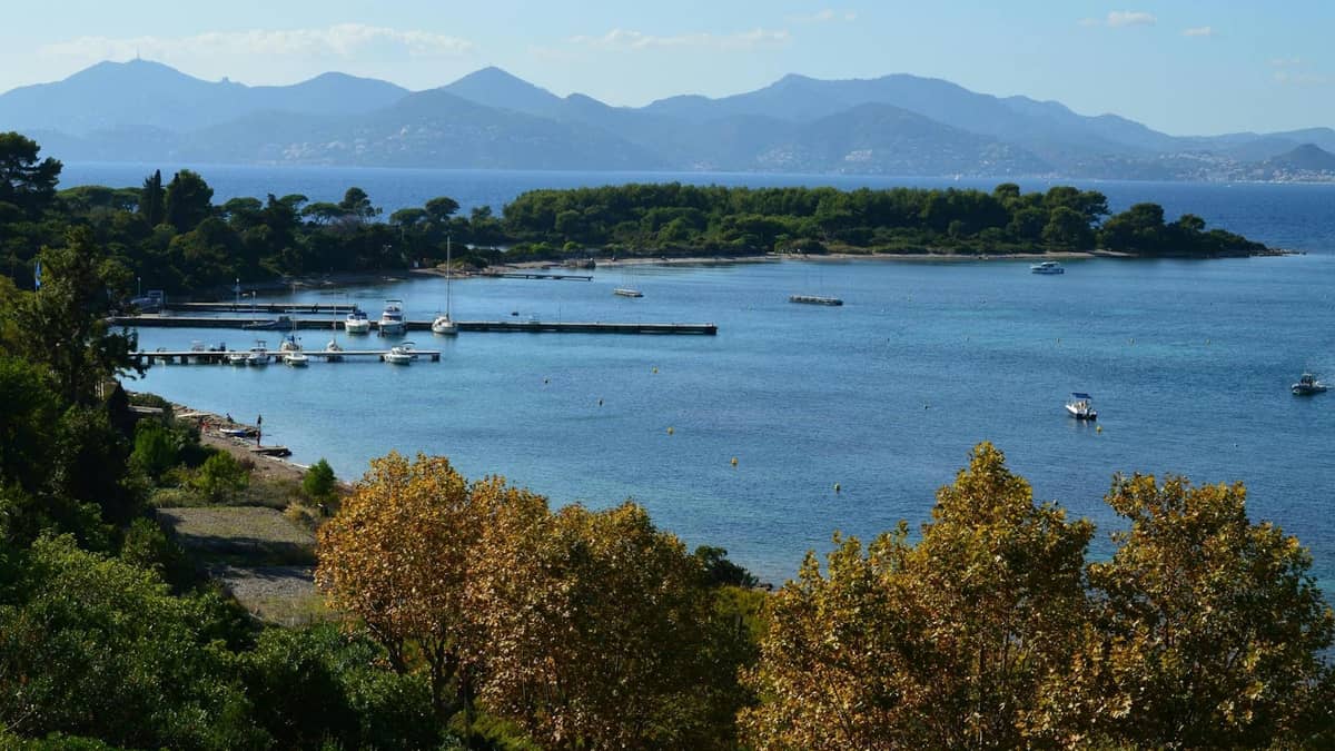 Vista panorámica de las Islas de Lérins con aguas azules en calma, un pequeño muelle, barcos y exuberante vegetación, vista desde la costa de Cannes.