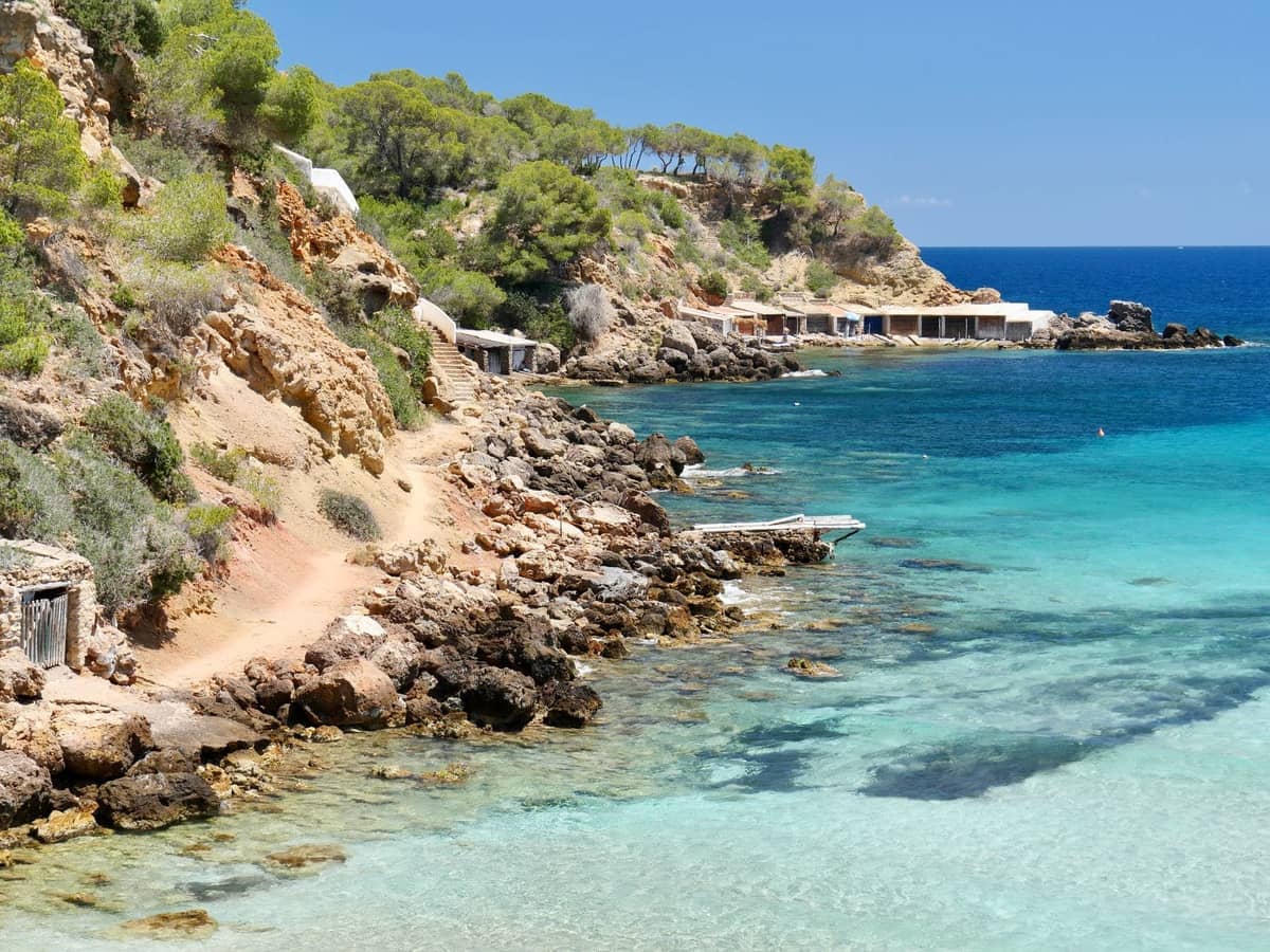 Rocky coastal hiking path with turquoise water and pine trees along an undeveloped stretch of Ibiza shoreline under a clear blue sky.