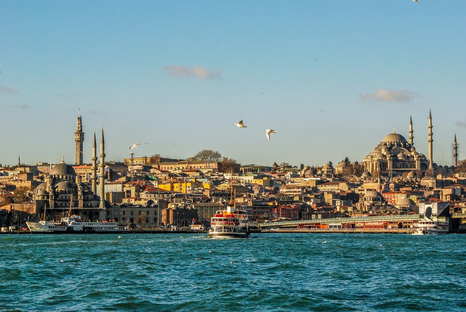 Vista panorâmica do horizonte de Istambul a partir do Bósforo, com mesquitas, prédios coloridos, balsas no mar e gaivotas voando sob um céu claro.