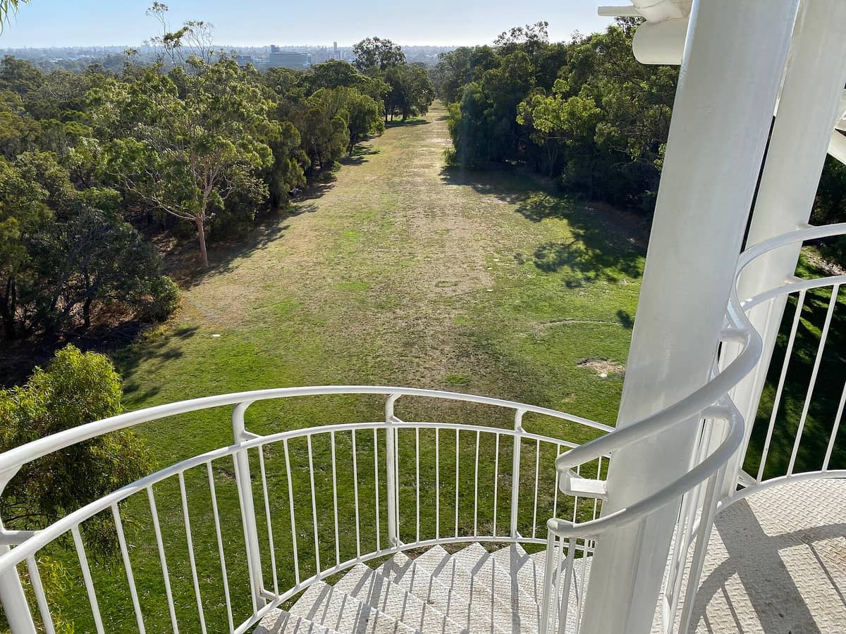 Blick von der Wendeltreppe des DNA Tower über das grüne Parkland und die Bäume im Kings Park, Perth.