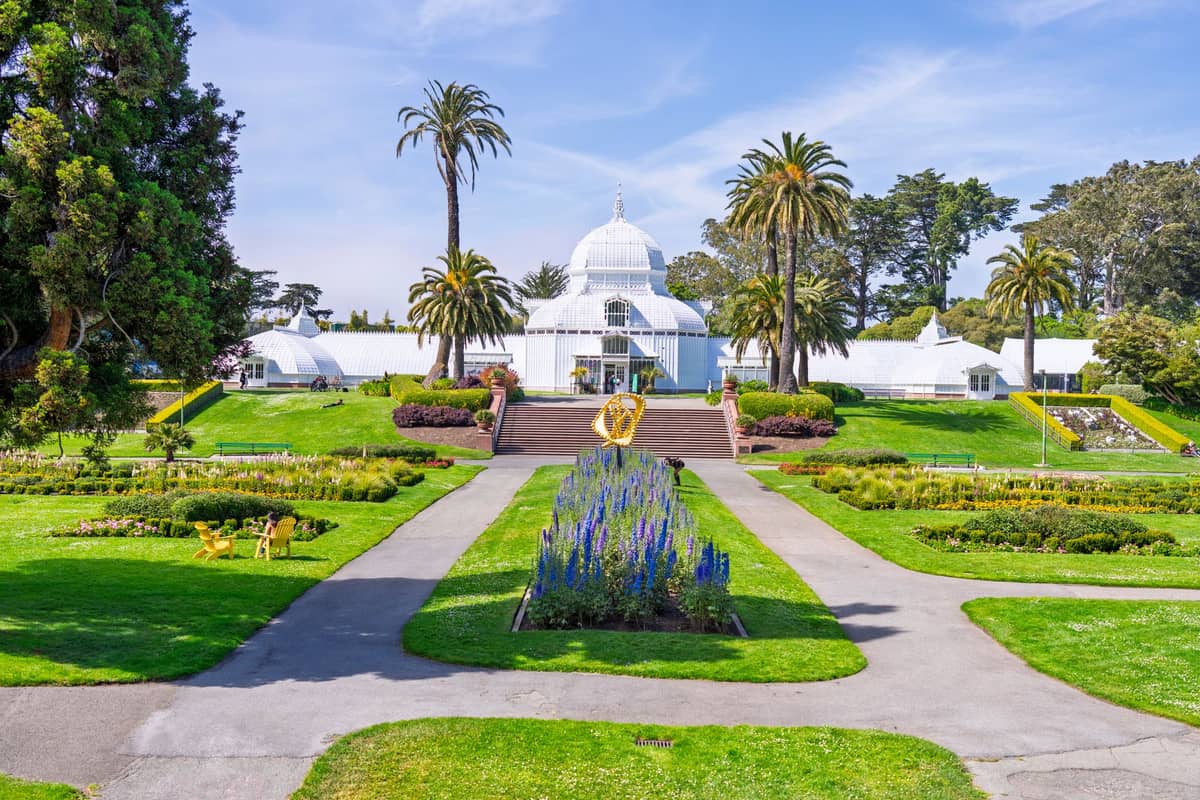 Weitwinkelansicht des San Francisco Conservatory of Flowers im Golden Gate Park mit gepflegten Rasenflächen, Blumenbeeten, Palmen und einem strahlend blauen Himmel.