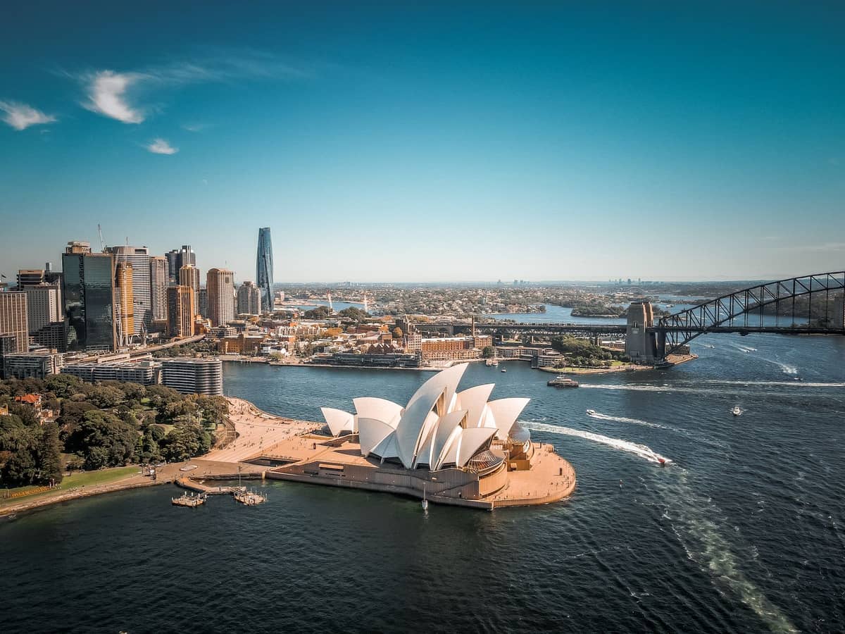 Aerial view of Sydney Opera House, Harbour Bridge, city skyline, and ferries on a sunny day, capturing Sydney’s most iconic landmarks and waterfront.