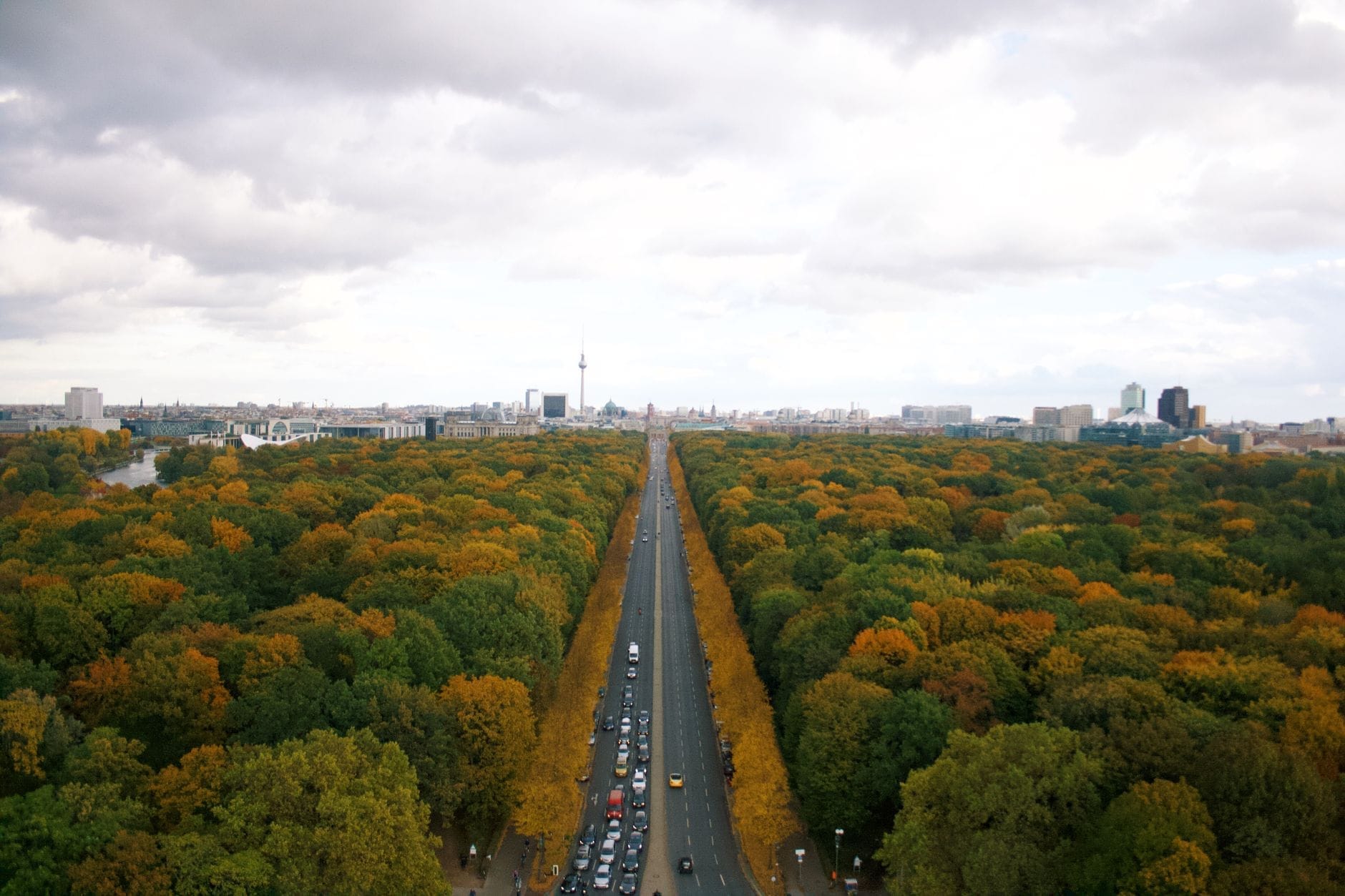Vista aerea del Tiergarten di Berlino con un viale alberato che si allunga verso la città, circondato dal fogliame autunnale e con i monumenti berlinesi sullo sfondo.