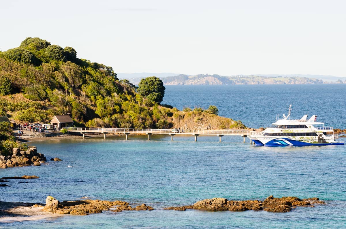 Eine Fähre liegt am Steg der Insel Tiritiri Matangi mit üppigen grünen Hügeln, felsiger Küste und dem klaren blauen Wasser des Hauraki Gulf.