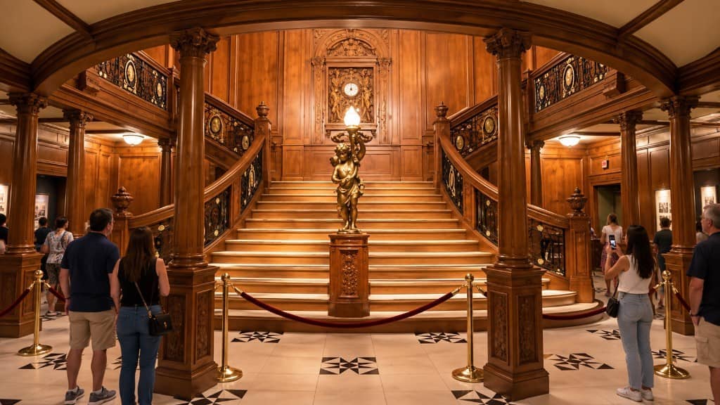 Recreation of the Titanic grand staircase at Titanic: The Artifact Exhibition in Orlando, with oak paneling, a cherub lamp, and visitors on a marble floor. AI representation.