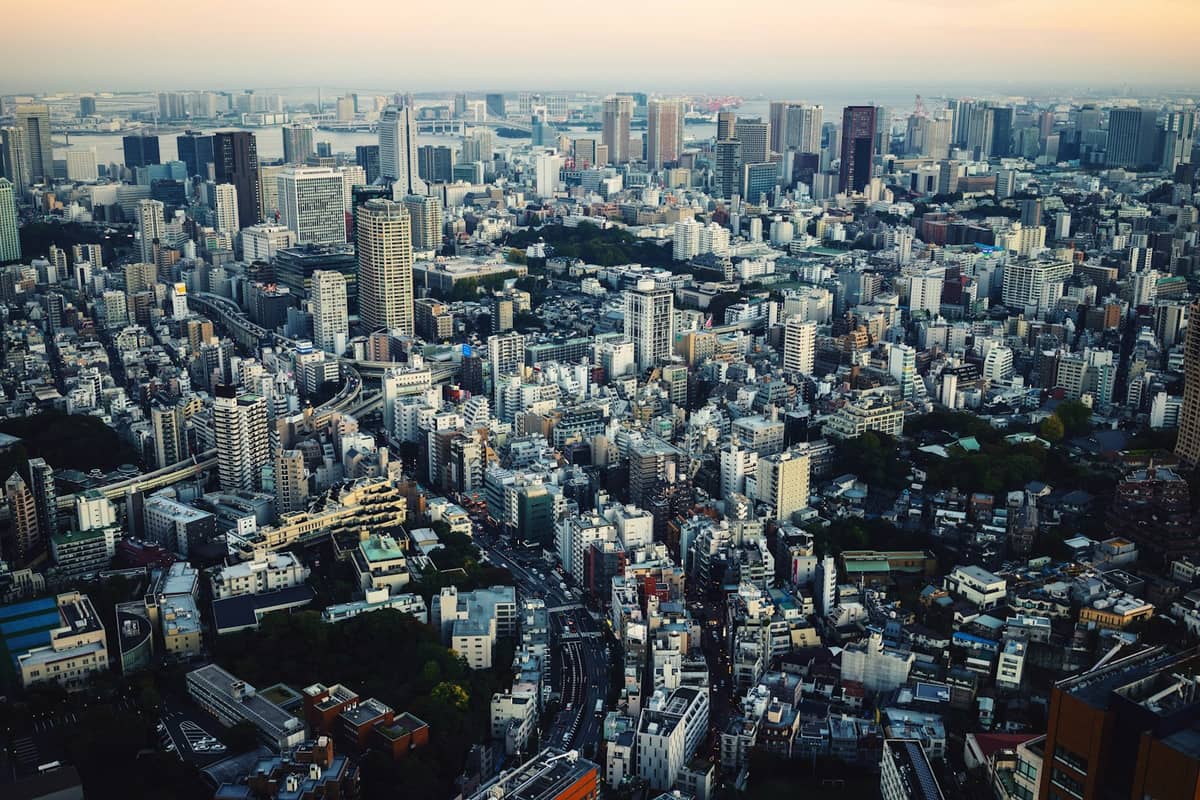 Aerial view of central Tokyo cityscape with dense clusters of modern and older buildings under soft evening light.