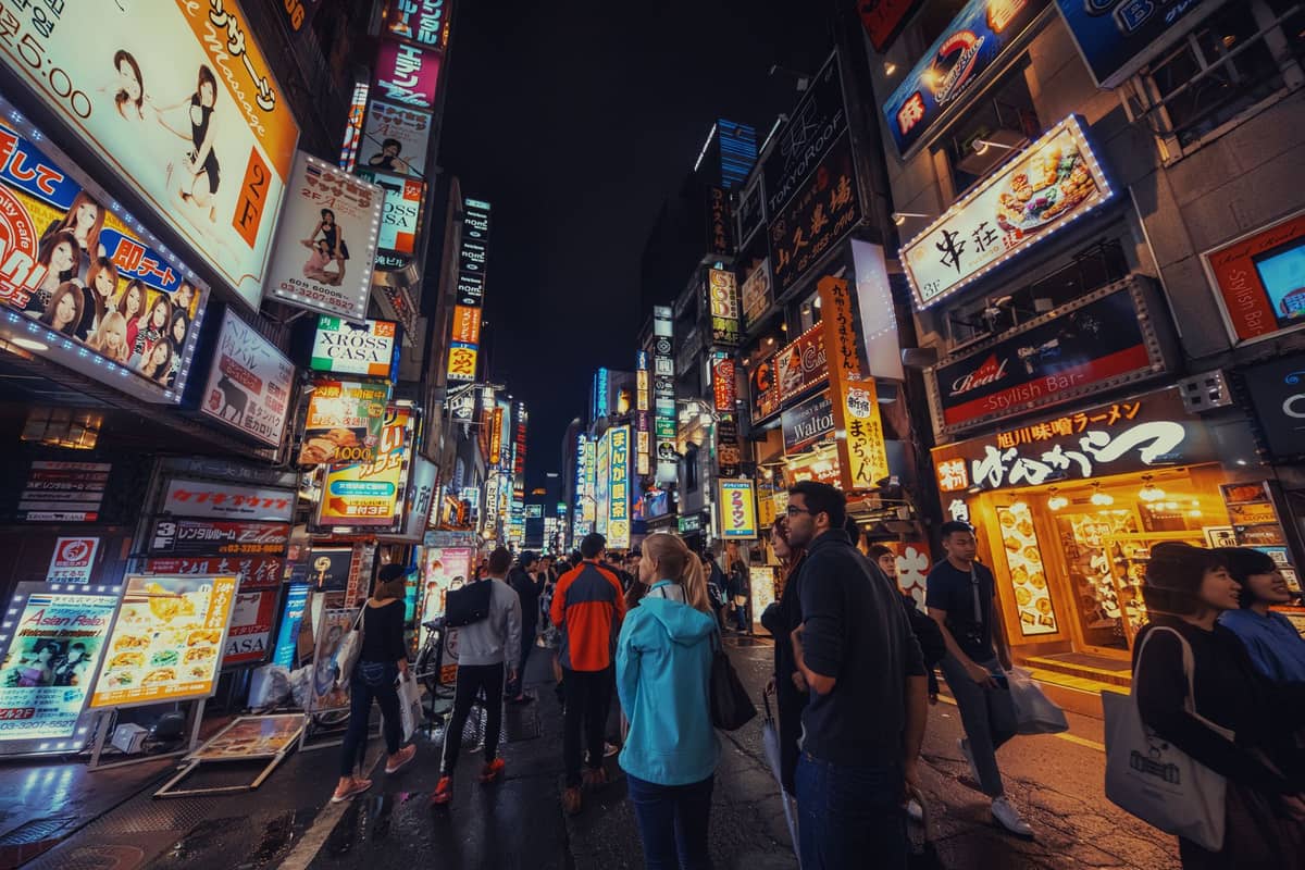 Crowded street in Tokyo at night, filled with people and lined with tall buildings covered in colorful illuminated signs.