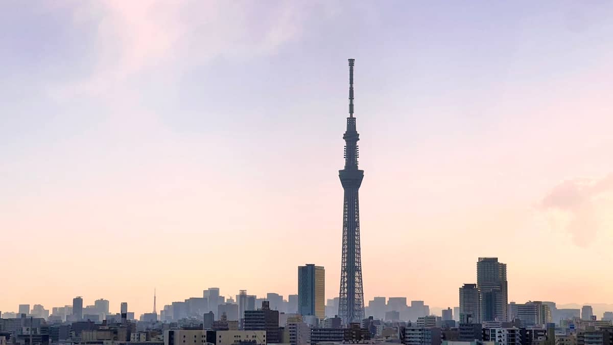 Tokyo Skytree rising above the Tokyo city skyline at dusk, with a colorful sky and clear view of the tower's full height.