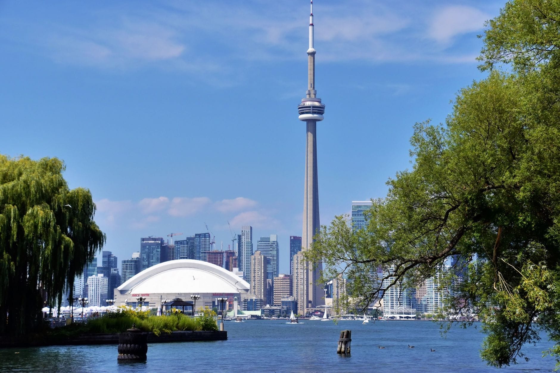 Horizonte de Toronto com a CN Tower e o Rogers Centre vistos do lado da água em um dia claro e ensolarado