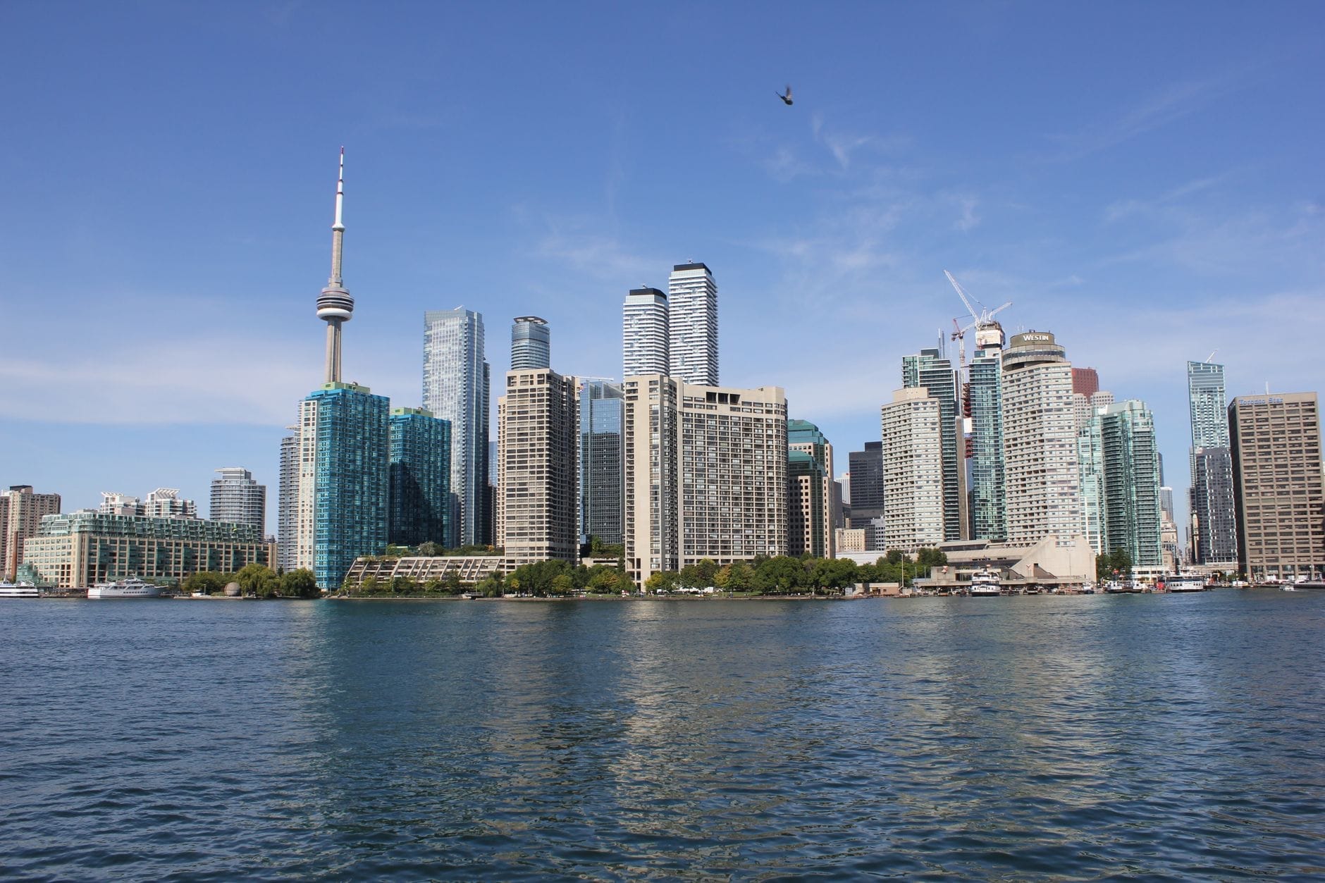 Horizonte de Toronto com a CN Tower, arranha-céus modernos e céu azul de verão visto do lago Ontario em um dia claro e ensolarado.