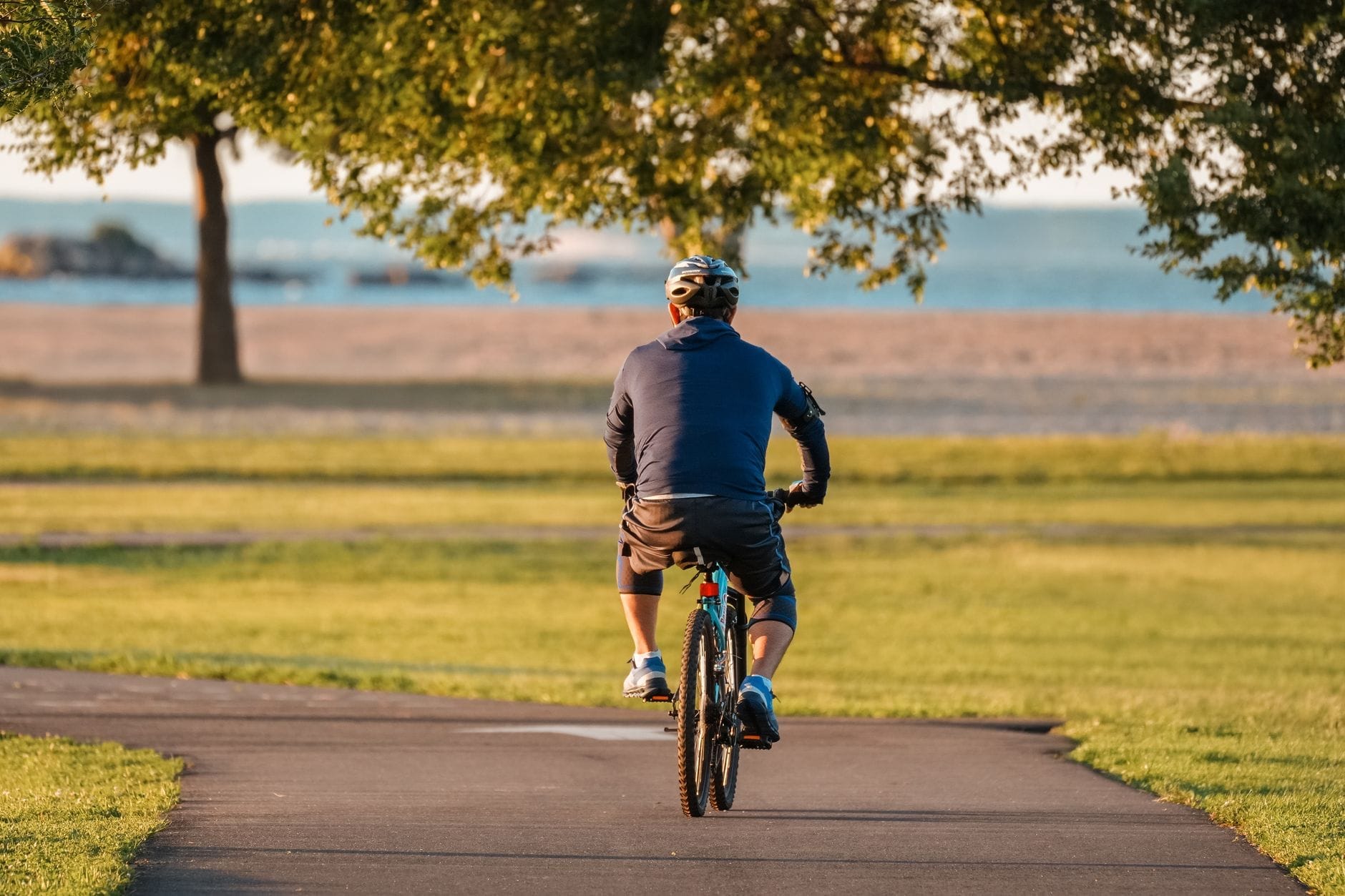 Um ciclista percorre uma trilha pavimentada à beira da orla de Toronto, com grama verde, árvores e o lago Ontario visíveis ao fundo.