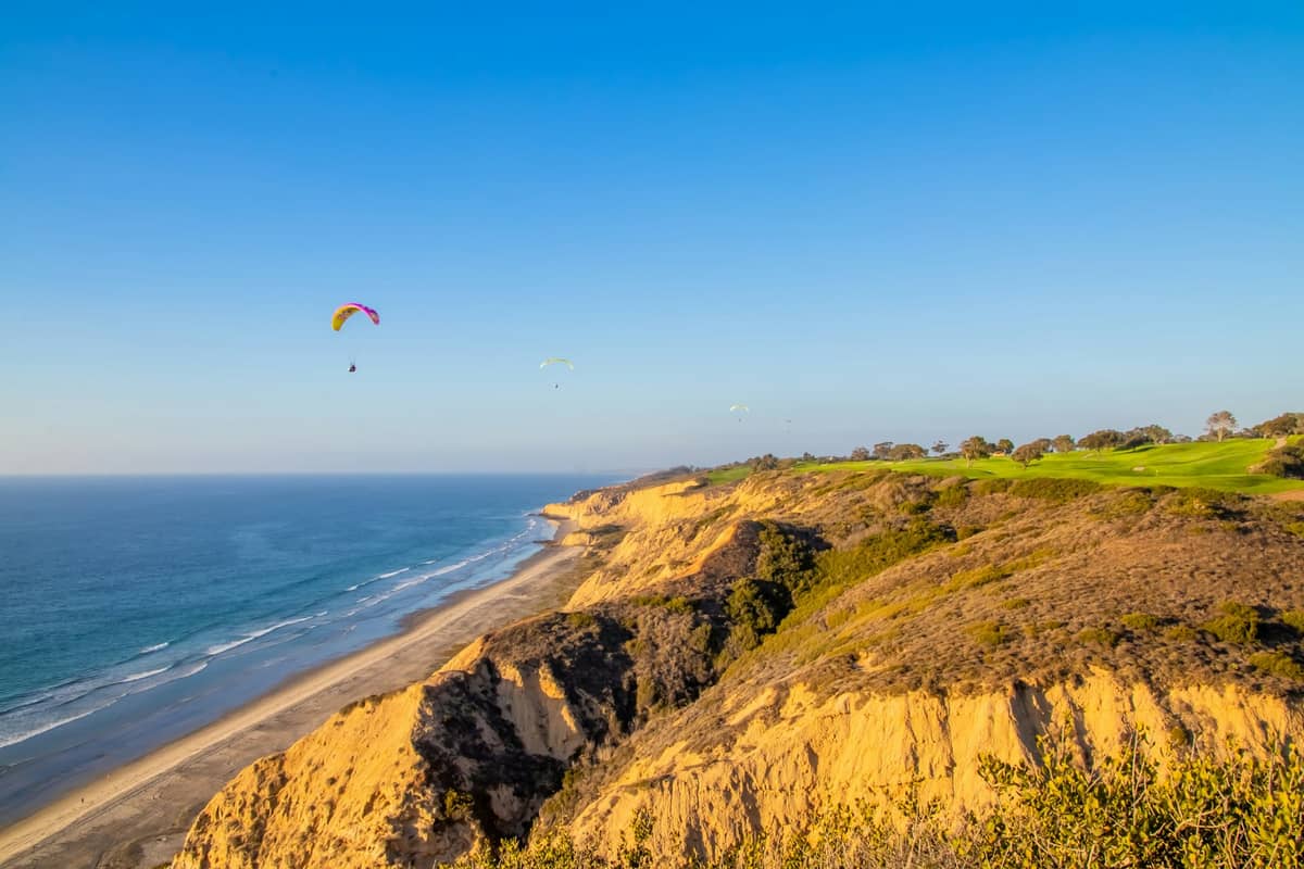 มุมกว้างของ Torrey Pines State Beach กับหน้าผาหินทรายสีทองทะเลน้ำเงิน นักร่มร่อนบินเหนือชายฝั่งใต้วันที่ฟ้าใส