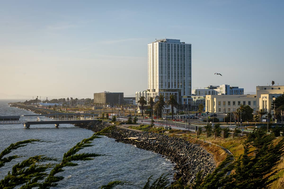 Treasure Island con sus nuevos edificios de gran altura, la marina y el paseo marítimo, con el barrio en transformación visible bajo la luz de la tarde.