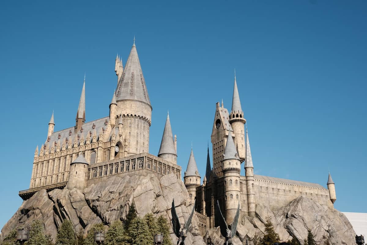 View of the Hogwarts Castle attraction at Universal Studios Japan with a clear blue sky in the background.
