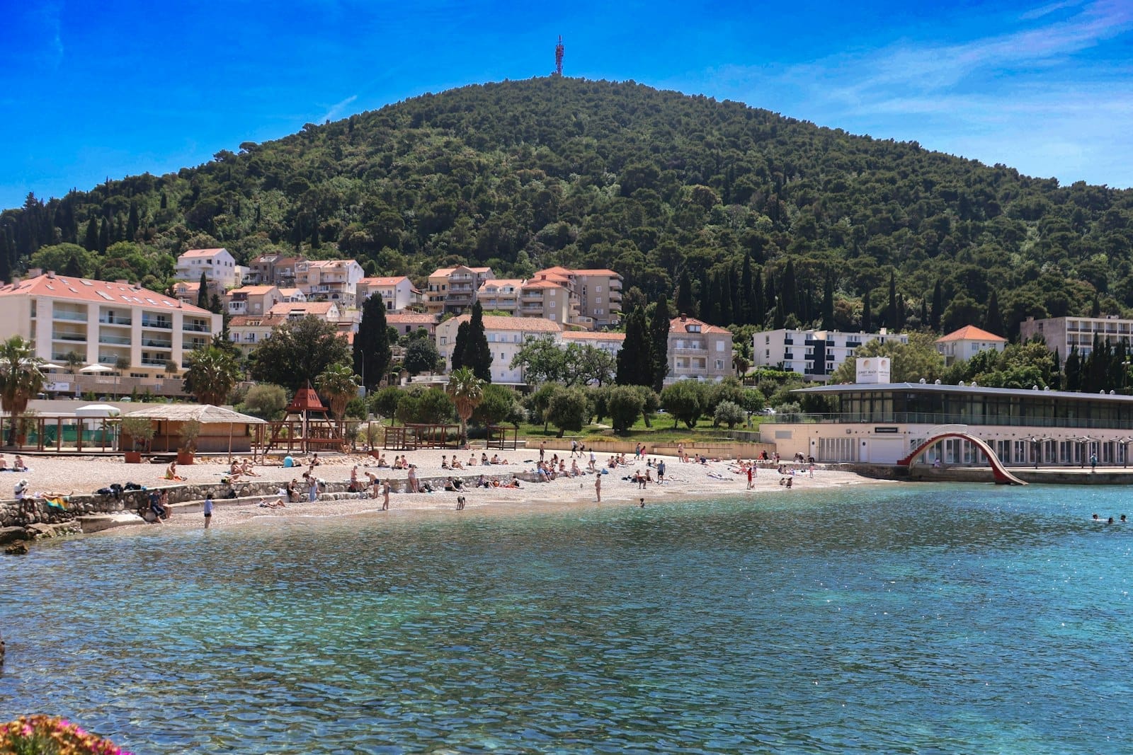 Playa de guijarros en Uvala Lapad con aguas turquesas cristalinas, familias bañándose y hoteles al pie de una colina verde en Dubrovnik, Croacia.