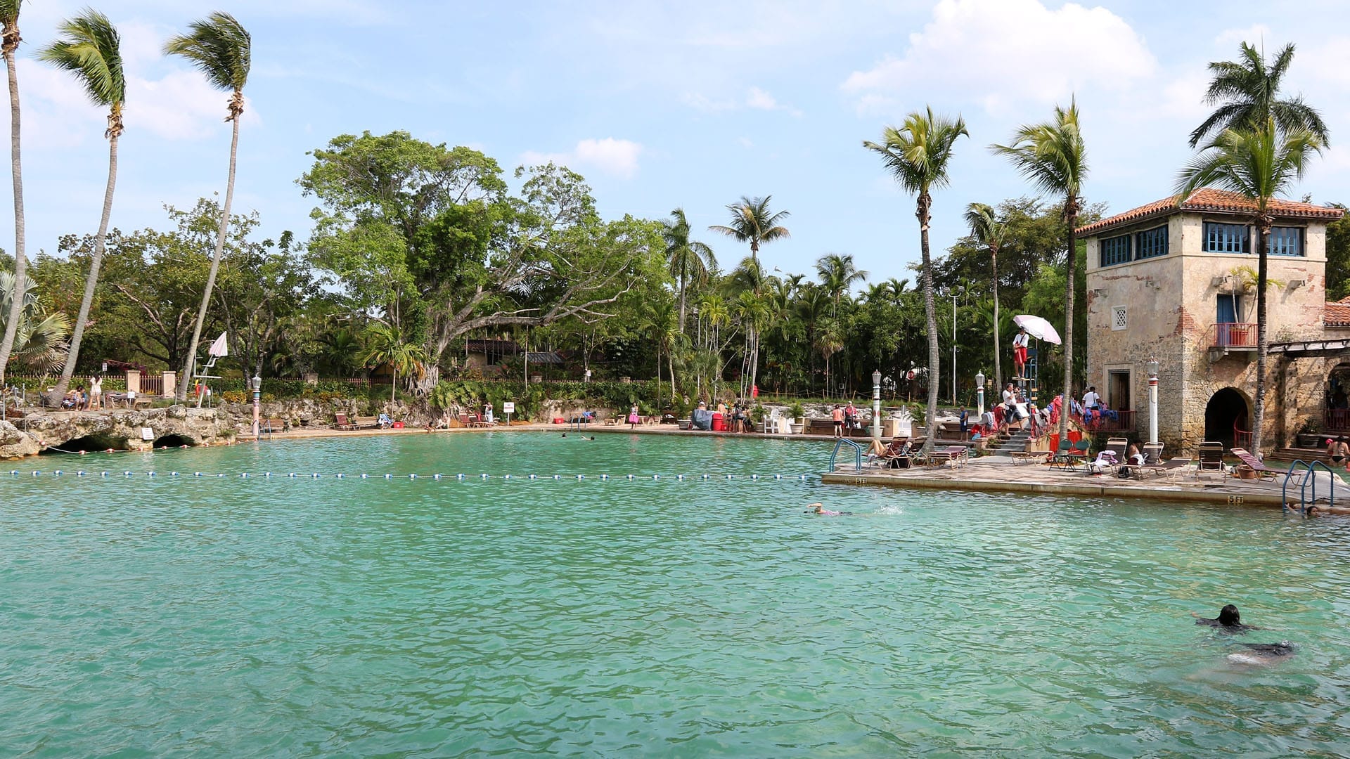 Vista ampia della Venetian Pool con acqua sorgiva color turchese, palme, bagnanti e uno storico edificio in pietra corallina sotto un cielo luminoso.