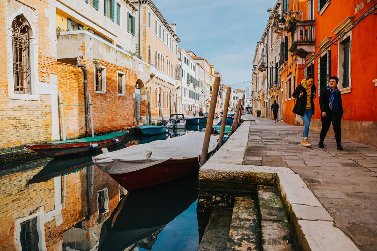 Venezianischer Kanal ohne Absperrungen am Rand und zwei Personen, die auf einem schmalen Gehweg nah am Wasser entlanggehen.