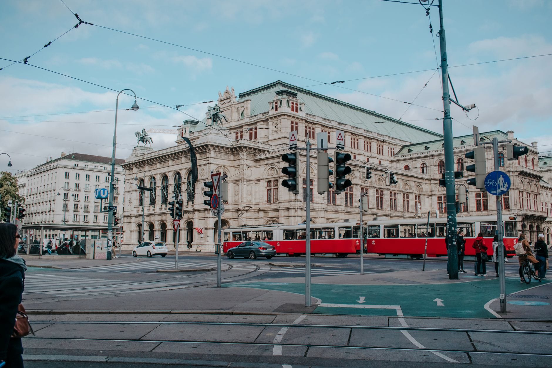 Vista de la Ópera Estatal de Viena con tranvías rojos y personas en una intersección a lo largo de la Ringstrasse bajo un cielo azul