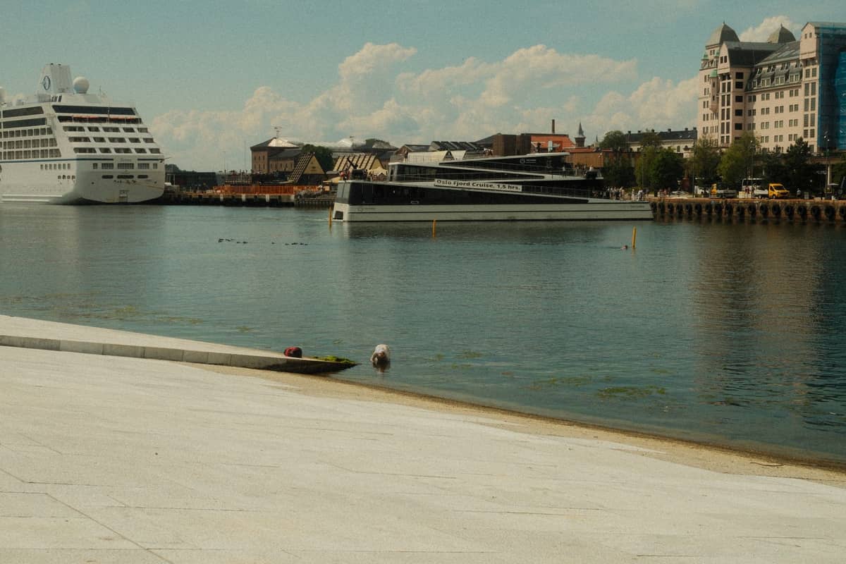 วิวริมน้ำของออสโลโดยมี Oslo Opera House อยู่เบื้องหน้า พร้อมอาคารในเมือง เรือสำราญ และท่าเรือภายใต้ท้องฟ้าสีฟ้า
