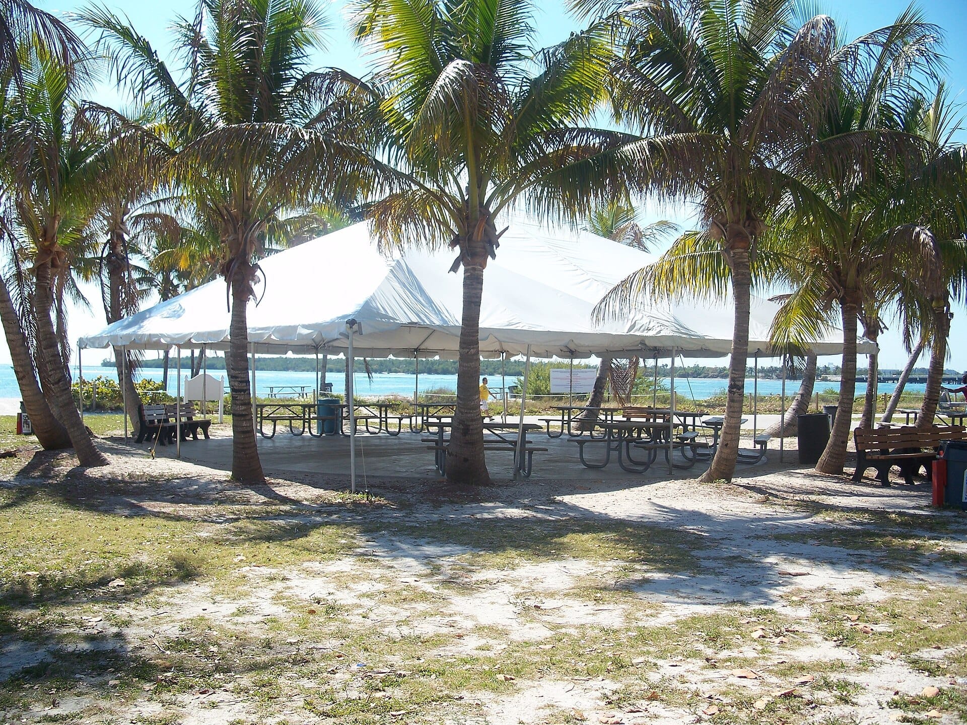 Tendone bianco a padiglione con tavoli da picnic e panchine sotto le palme all'Historic Virginia Key Beach Park, con vista sulla costa azzurra di Miami.