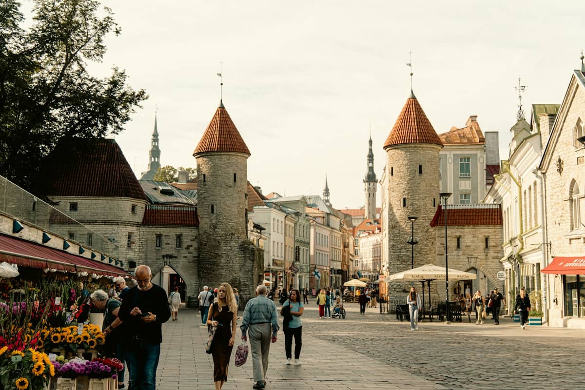 Blick auf das Viru-Tor in Tallinn mit seinen zwei markanten mittelalterlichen Türmen, Fußgängern auf dem Kopfsteinpflaster und Blumenständen im Vordergrund.