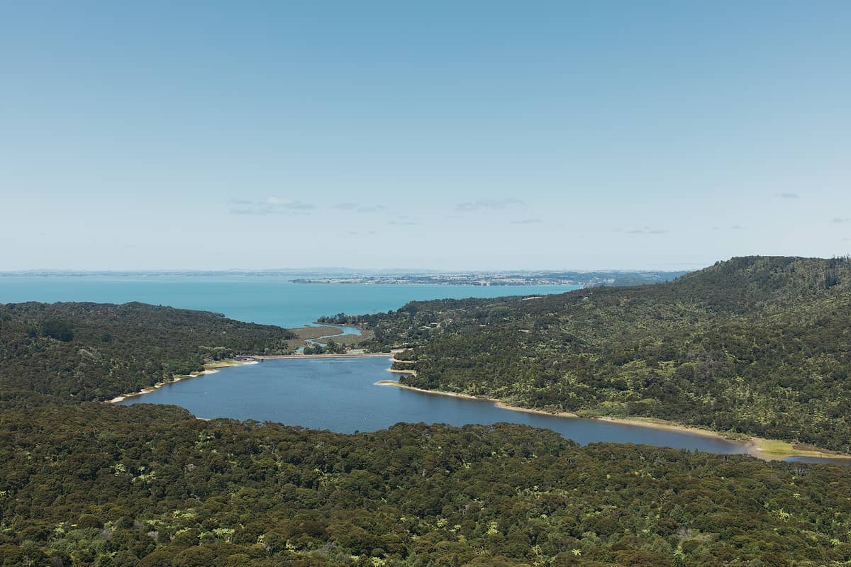 Weite Landschaft über dem üppigen nativen Regenwald und einem großen Stausee im Waitākere Ranges Regional Park, mit der Küstenlinie und fernem Land unter klarem blauem Himmel.