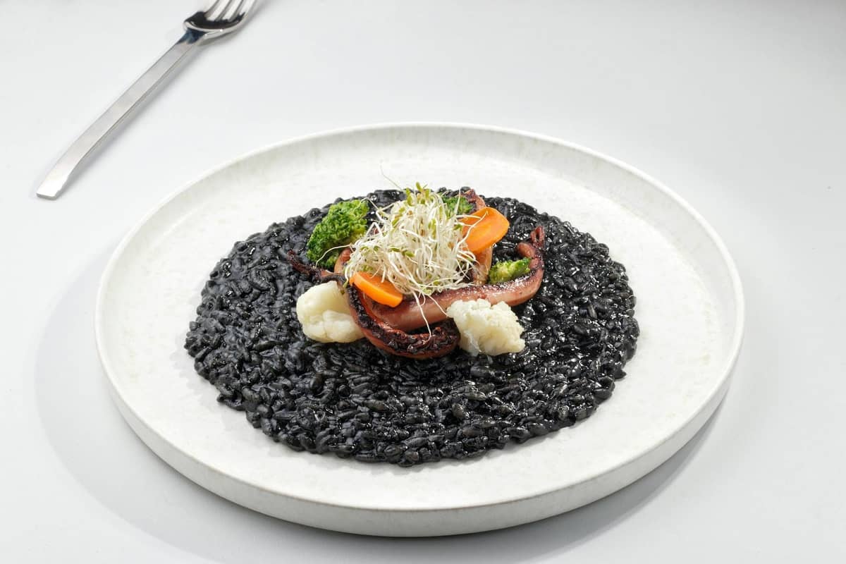 A plate of black risotto garnished with vegetables and sprouts, served on a white plate with a fork nearby.