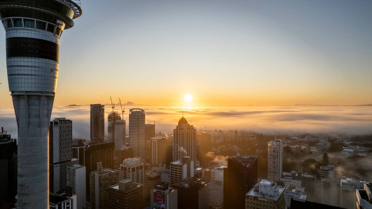 Skyline des Auckland CBD bei Sonnenaufgang, mit dem Sky Tower und den Stadtgebäuden, die durch leichten Nebel und goldenes Morgenlicht ragen.