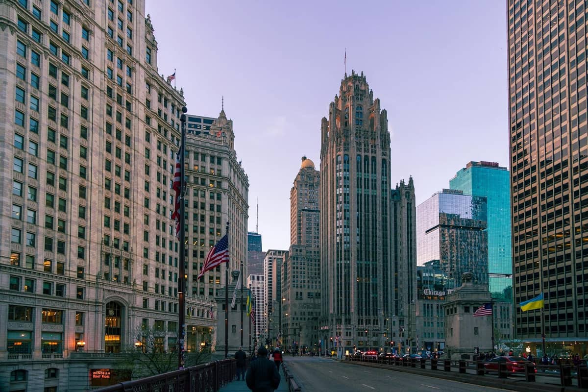 Straßenansicht des Magnificent Mile-Viertels in Chicago mit historischen Wolkenkratzern, Fahnen und Menschen, die über die Brücke in River North gehen.
