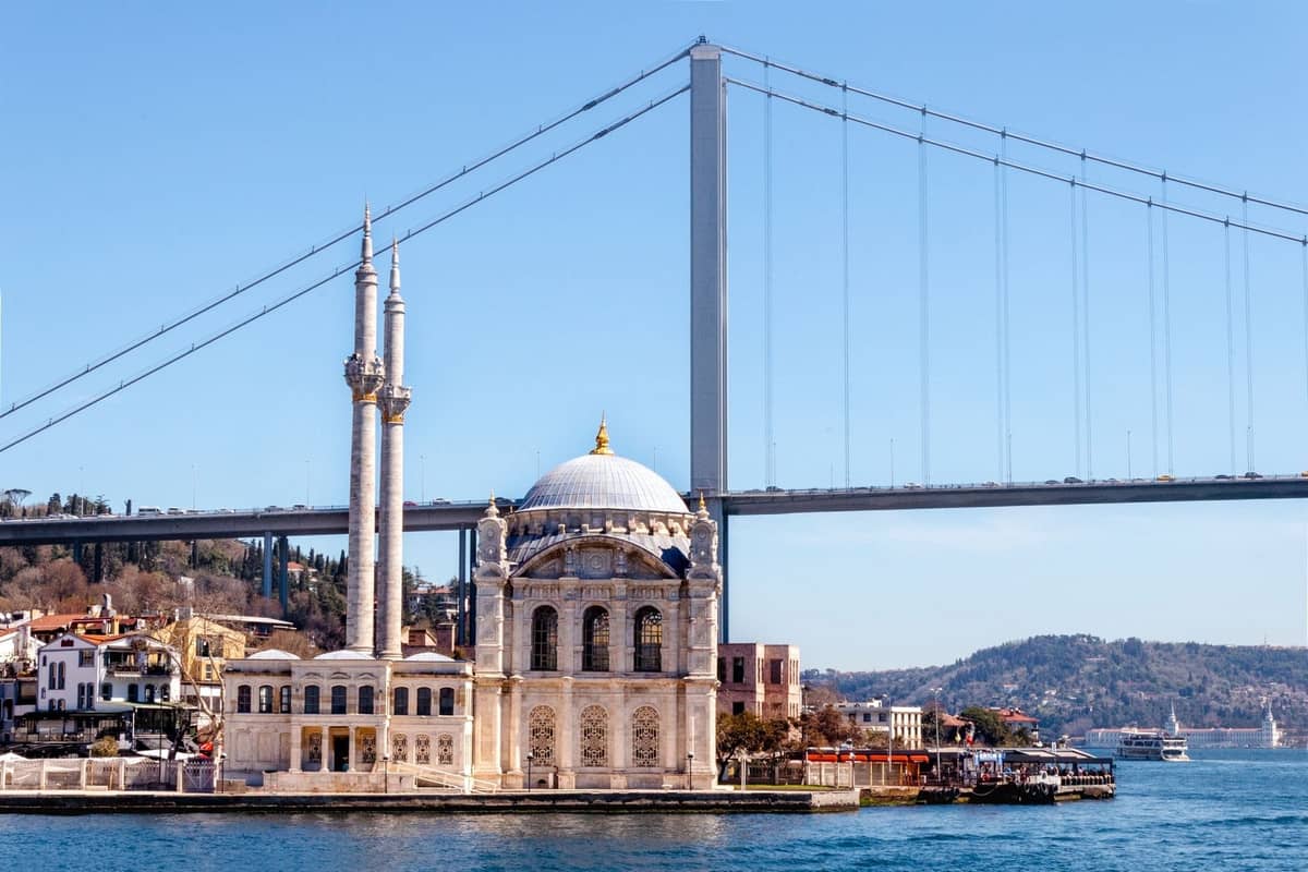 Elegante mezquita en el paseo marítimo del Bósforo con el Puente del Bósforo al fondo y un cielo azul despejado.
