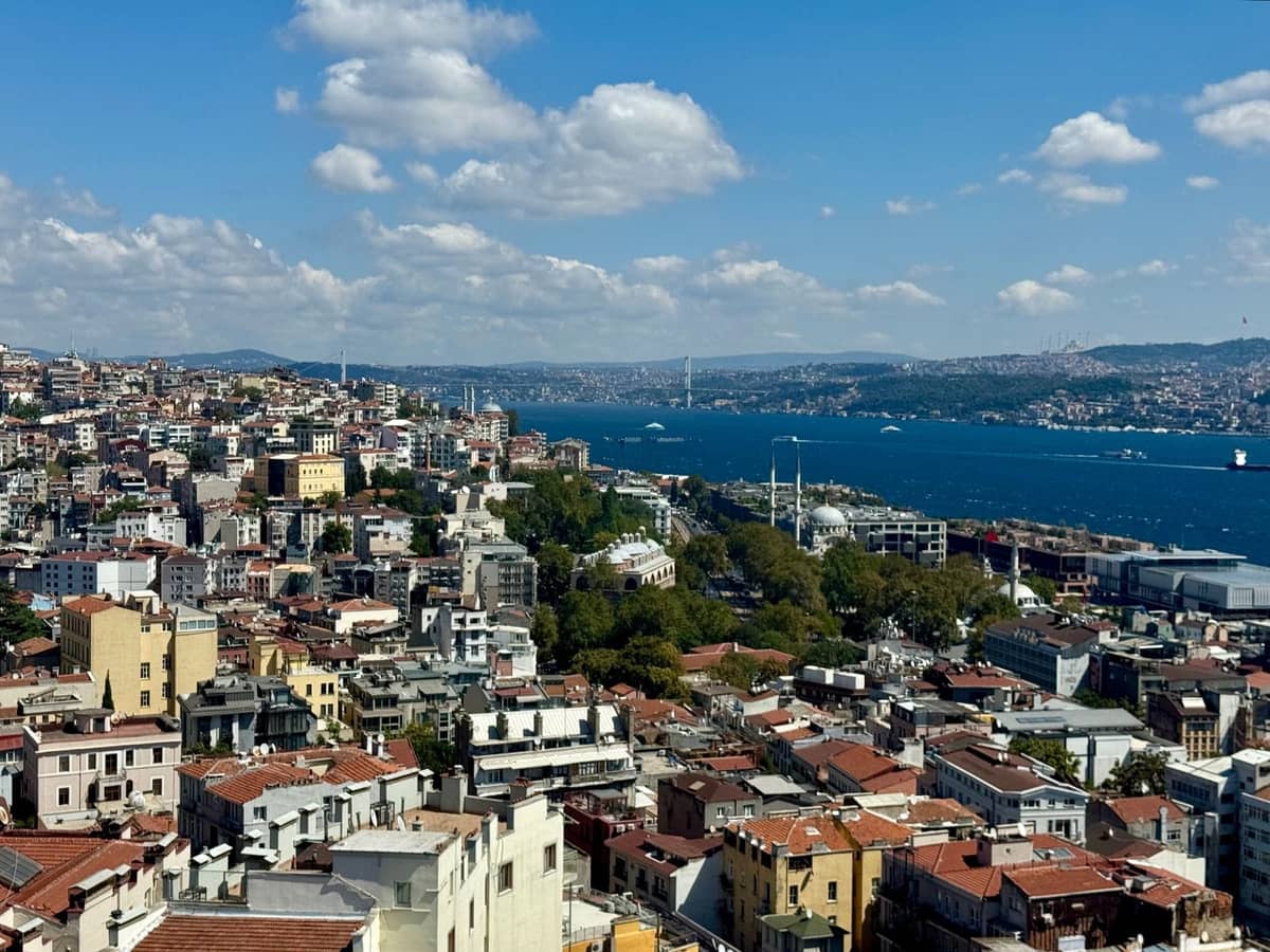 Vista panorámica de Estambul con barrios, tejados, el estrecho del Bósforo y edificios históricos y modernos bajo un cielo azul.
