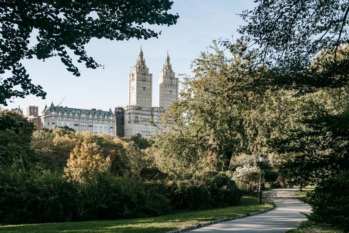 Blick auf die ikonischen Zwillingsturm-Apartments am Upper West Side, die an einem sonnigen Tag über die belaubten Bäume des Central Park ragen.